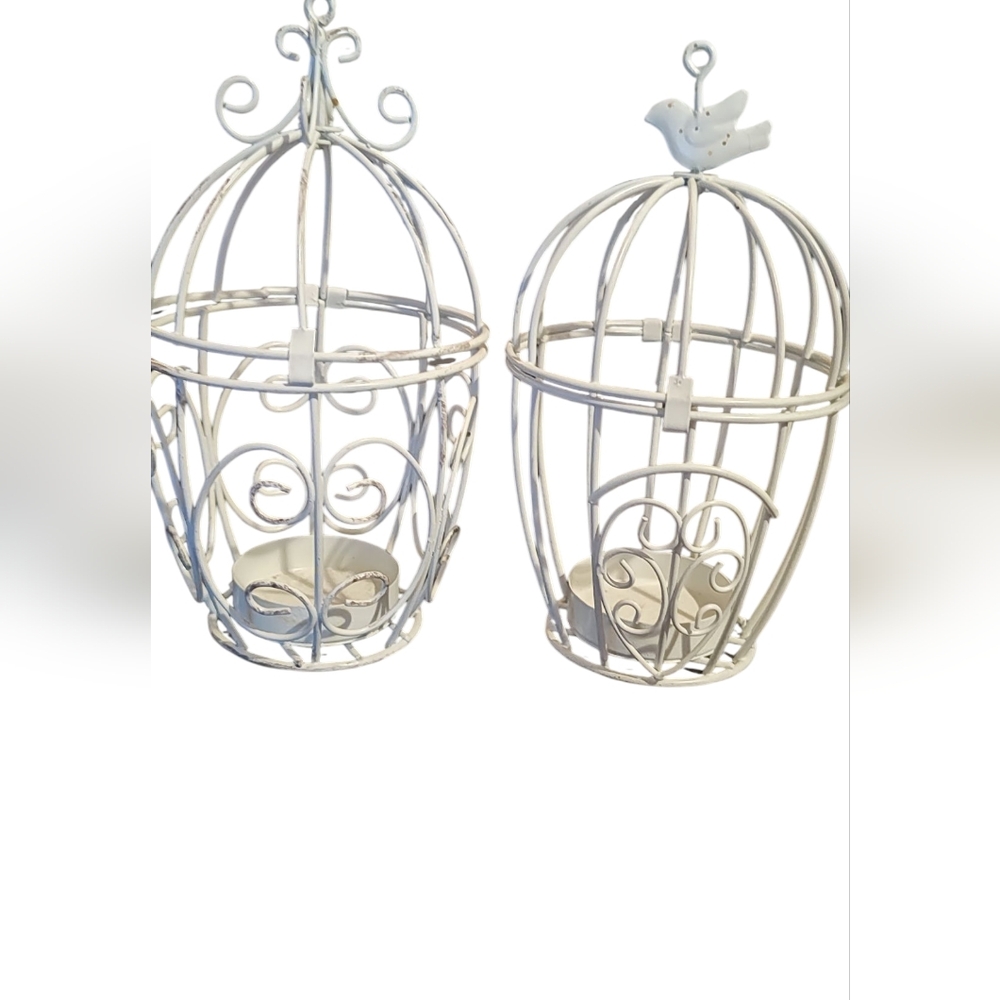 Two White Metal Birdcage Candle Holders Shabby Chic Cottage core